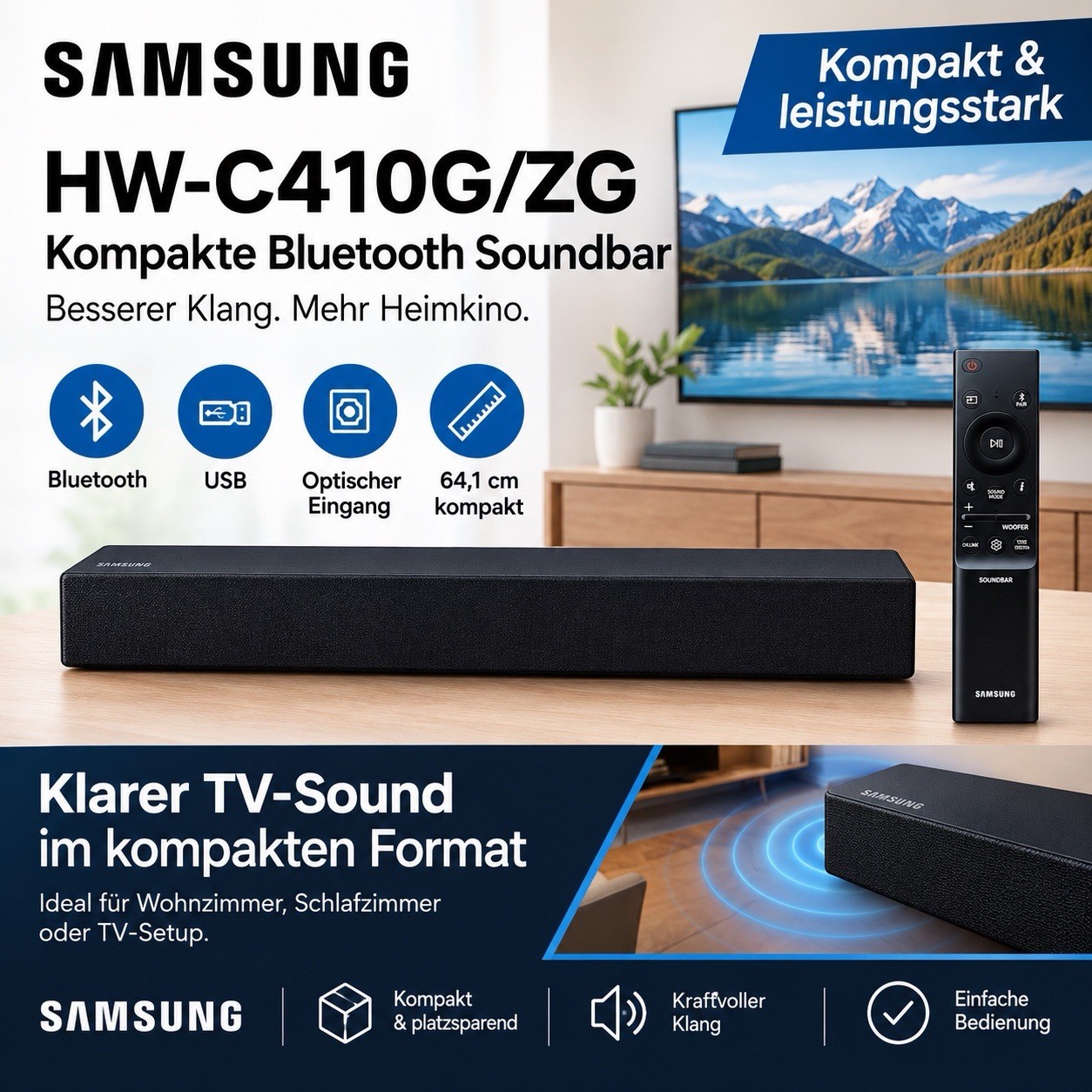 Samsung Soundbar mit Bluetooth, USB und optischem Eingang, Schwarz